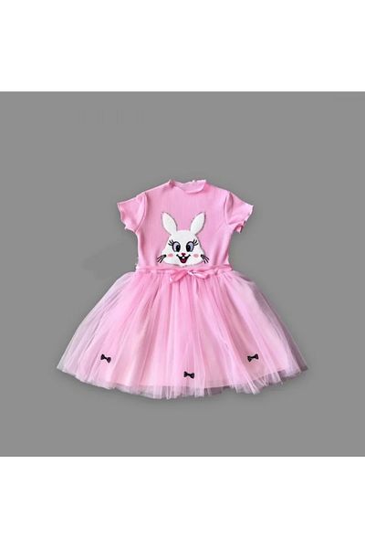 ALFA AKSESUAR 03 5-6-7 Years Old Sequined Rabbit Printed Girl's Dress Pink