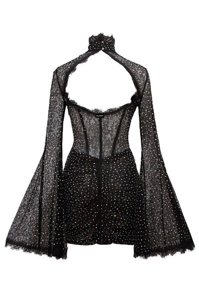 FLAST Women's Black Special Stone Detailed Polka Dot Lace Fabric Balloon Sleeve Afro Special Design Mini Women's Dress