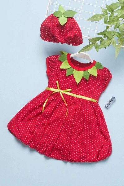ALFA AKSESUAR 03 3-6-9 Months Strawberry Dolls Combed Cotton Fabric Short Sleeve Baby Dress Red