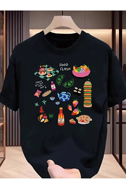 Koklonmoda تي شيرت كبير الحجم مطبوع عليه طعام للجنسين