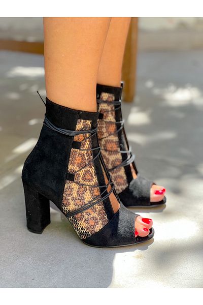 irmona Happy Black Calf Suede Leopard Mesh Detailed Drawstring Summer Heeled Boots Bottie