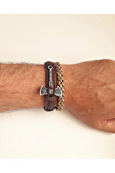 BSN Store Fashionable 2-Piece Design Genuine Leather Bracelet with Valknut Axe Figure