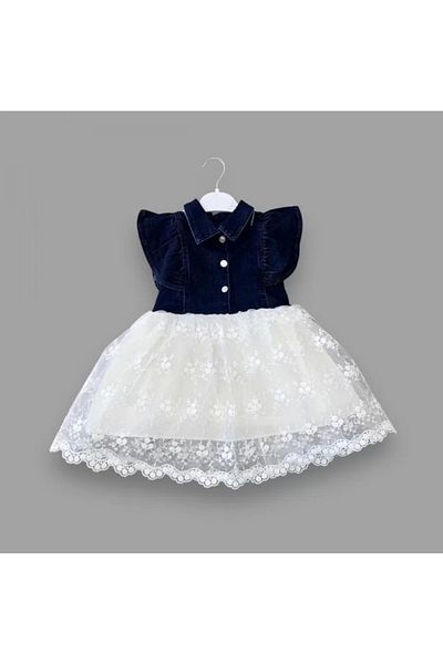 ALFA AKSESUAR 03 2-3-4 Years Old Lined Brode Skirted Denim Fabric Buttoned Girl's Dress Navy Blue