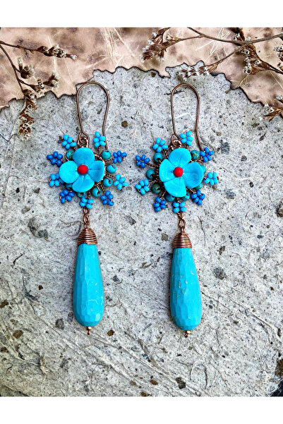 MODA Turkuaz Taşlı El Yapımı Bakır Tel Sarma Küpe