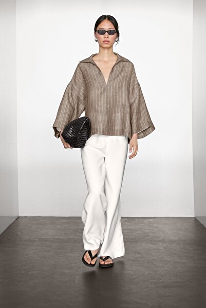 Massimo Dutti Çizgili keten açık yaka bluz