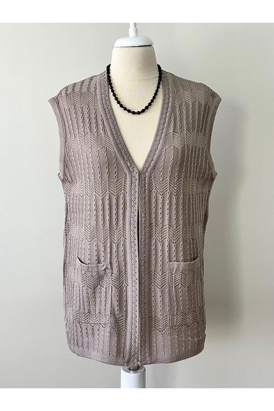 Özenli Triko Women's Stone Embroidered Mercerized Seasonal Knitwear Mother Vest Beige