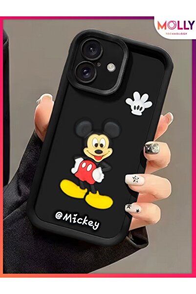 Molly iPhone 16 İçin Siyah Kenarları Kalın 3d Kabartmalı Mickey Silikon Kılıf