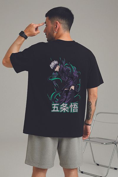 By Caspita Fashion Lenithra Jujutsu Kaisen Gojo Anime Back Printed Unisex Oversize Black T-Shirt