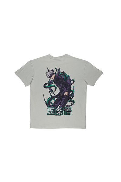 By Caspita Fashion Lenithra Jujutsu Kaisen Gojo Anime Back Printed Unisex Oversize Gray T-Shirt