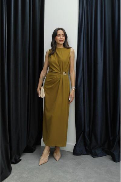 Havoş Oil Green Crema Buckle Detailed Dress