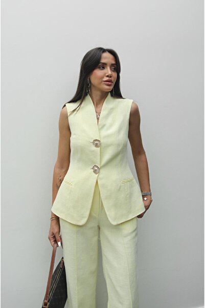 Havoş Light Yellow Tulipa Vest Trousers Linen Suit