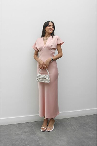 Havoş Açık Pembe V Yaka Saten Elbise