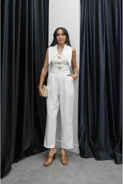 Havoş White Layered Collar Gold Buttoned Jumpsuit