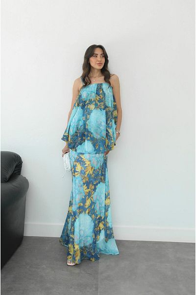 Havoş Blue Floral Patterned Strappy Dress