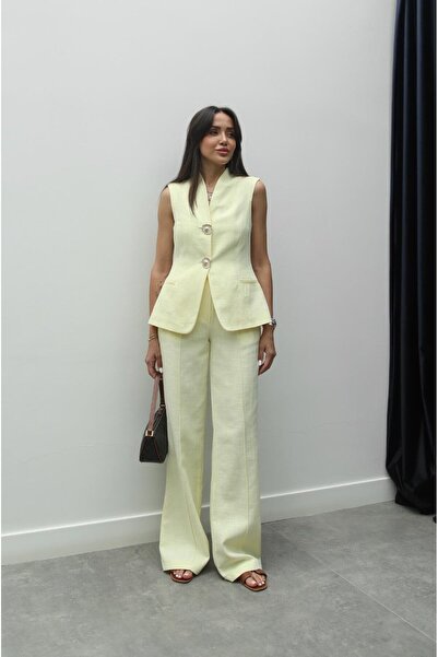 Havoş Light Yellow Tulipa Vest Trousers Linen Suit