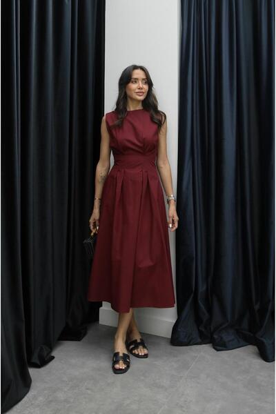 Havoş Burgundy Colored Trousers Detailed Waist Seat Linen Dress