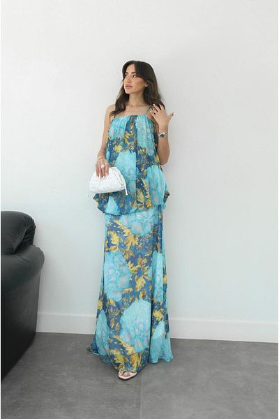 Havoş Blue Floral Patterned Strappy Dress