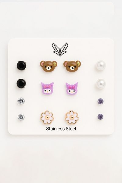 MakeWell 925S Screwed Teddy Bear Kuromi Daisy Design Solitaire Pearl Purple Stone Children's Teenage Earring Set
