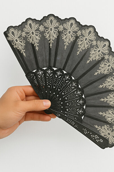 MAQYA KOZMETİK Siyah Gold Çiçek Desenli Plastik/Tül Yelpaze