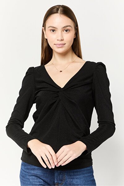 Scotch & Soda بلوزة معدنية نسائية بأكمام طويلة ورقبة على شكل حرف V، لون أسود