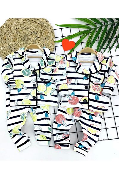 ALFA AKSESUAR 03 9-12-18-24 Months Striped Fruit Patterned Button Closure 2-Piece Girl Boy Baby Pajama Set Yellow