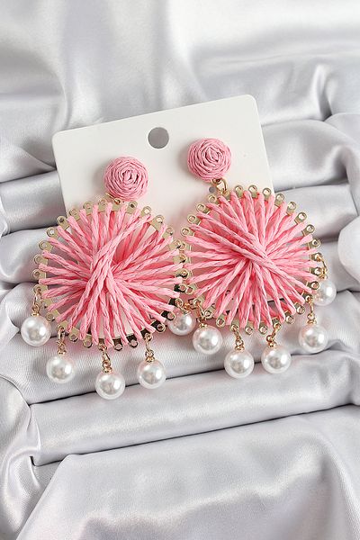 norsary Light Pink Straw Knitted Spiral Model Gold Color Women's Earrings with Hanging Pearl Detail
