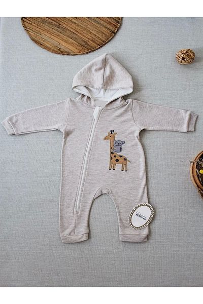 ALFA AKSESUAR 03 6-9 9-12 Months Ef Line Size Zippered Giraffe Embroidered Hooded Baby Girl and Boy Jumpsuit Brown