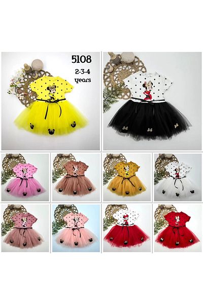 ALFA AKSESUAR 03 2-3-4 Years Old Polka Dot Mickey Printed Ribbon Belted Lined Baby Girl Tutu Dress Brown