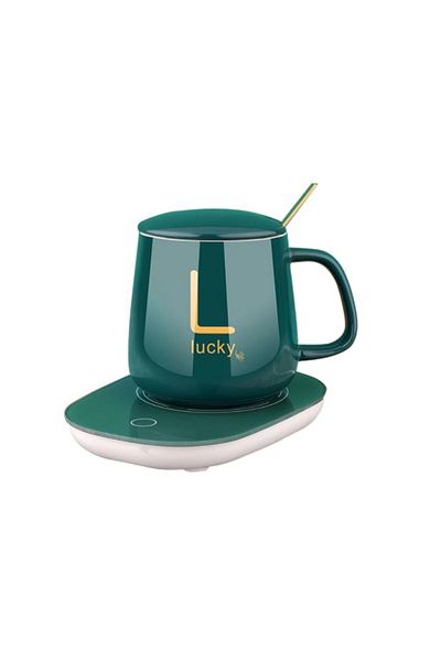 ABYZ Ceramic mug set, with heating, Lucky gold lettering, 350 ml, green
