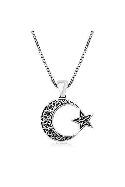norsary Silver Patterned Moon Star Men's Necklace