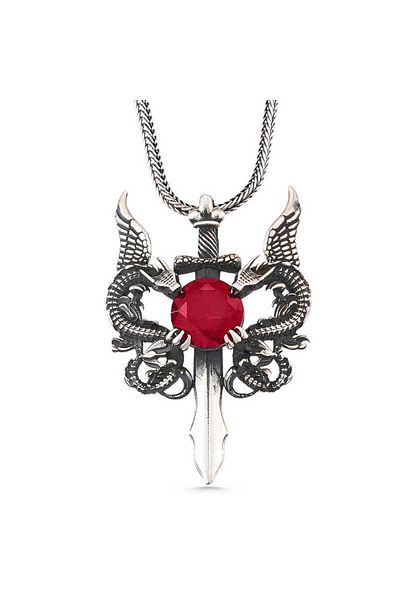 norsary Silver Red Stone Dragon Men's Sword Necklace