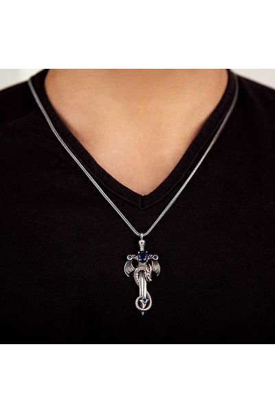 norsary Silver Sapphire Stone Dragon Men's Sword Necklace
