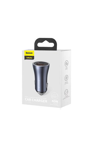 Baseus Incarcator Auto USB si Type-C Golden Contactor Pro Dual Quick Charger Dark Gray