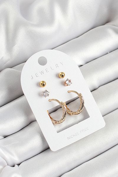 Skygo Gold Color 3-Piece Double Women's Earring Set with Brass Zircon Stone and Ring Figure - Tj-Bkp10652
