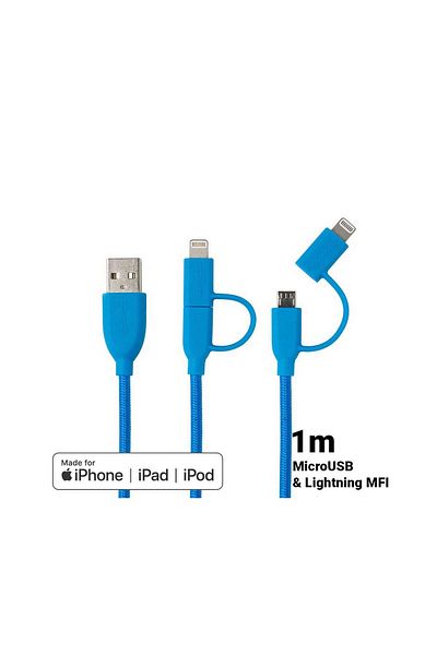 Boompods Cablu Microusb & Lightning Mfi Duo Blue (1M, IMPLETITURA TEXTILA)