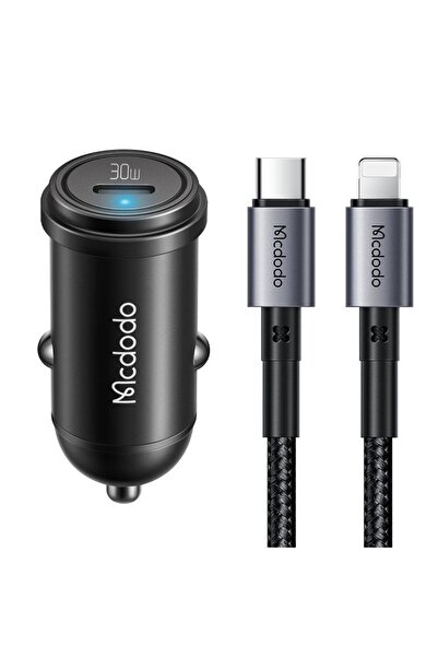 Mcdodo Set Incarcator Auto 1xType-C Încărcare Rapidă PD 30W, cablu Type-C la Lightning 1.2m Negru