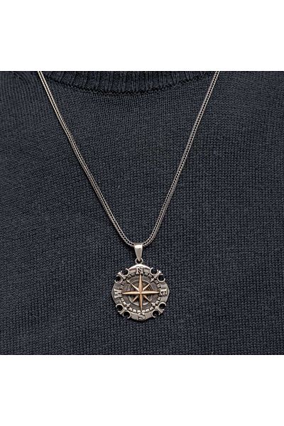 norsary Silver Oxidized Compass Men's Necklace