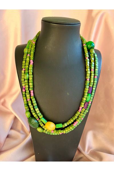 COCOSH TAKI Khaki Green Wood Bead Multi Wrap Long Design Necklace