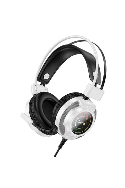 REDz Accessories Căști de gaming HOCO W110, cablu de 2 m cu USB și AUX, microfon omnidirecțional, lumini RGB, alb