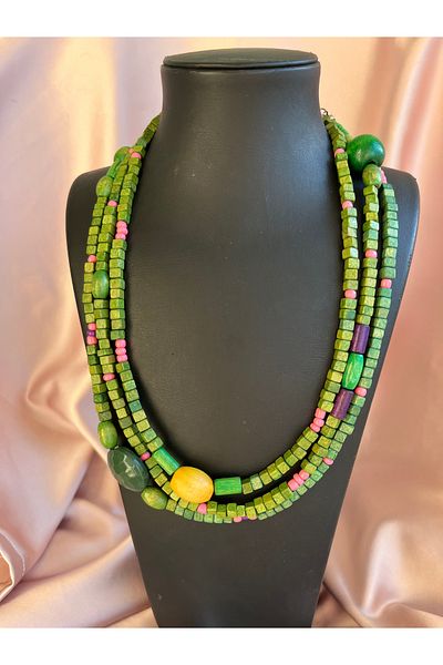 COCOSH TAKI Khaki Green Wood Bead Multi Wrap Long Design Necklace