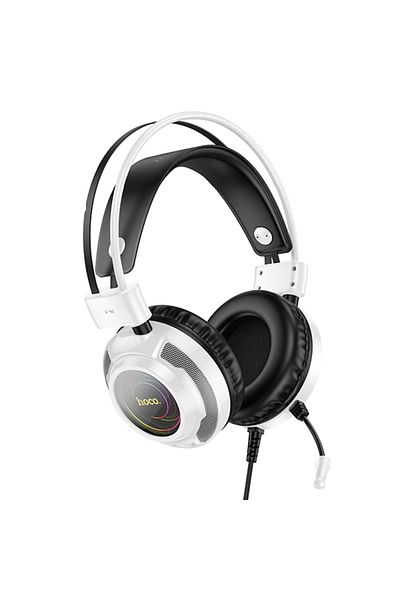 REDz Accessories Căști de gaming HOCO W110, cablu de 2 m cu USB și AUX, microfon omnidirecțional, lumini RGB, alb