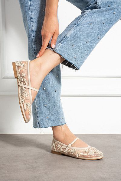 StWenn Beige Mesh Embroidery and Bead Detailed Round Toe Luxury Women's Ballerinas