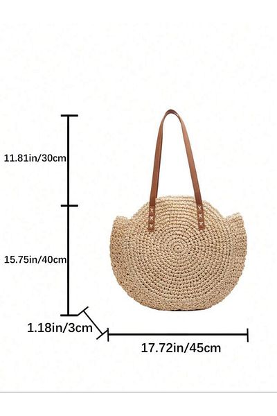 La Saade Oval Circular Zippered Lining Pocket Leather Strap Imported Holiday Beach Beach Club Knitted Straw Bag
