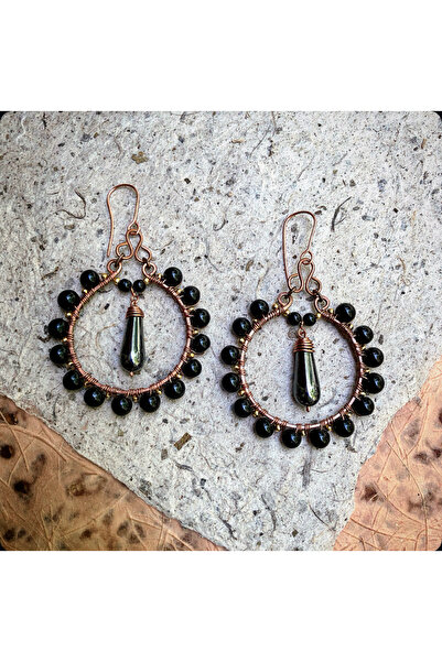 MODA Onyx stone handmade copper wire wrap earrings