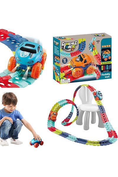 Yelajoy 92 Pcs Puzzle Track Car Toys,with LED Light-up Race Car and Changeable Track,Perfect Gift for Kids