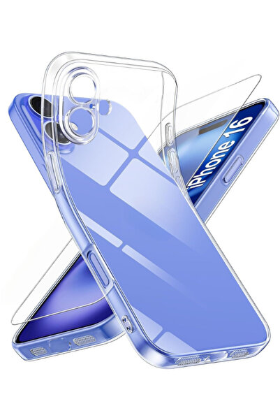 Evax 1C1K iPhone 16 Uyumlu 1 Kamera Korumalı Şeffaf Silikon Kılıf + 1 Temperl...