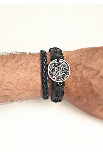 BSN Store PUSULA VEGVISIR DESIGN 2 قطعة من أساور الجلد الطبيعي