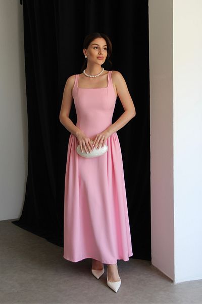 Julidress Powder Pink Strap Pleated Bell Cut Maxi Long Length Premium Pencil Evening Dress Invitation Dress