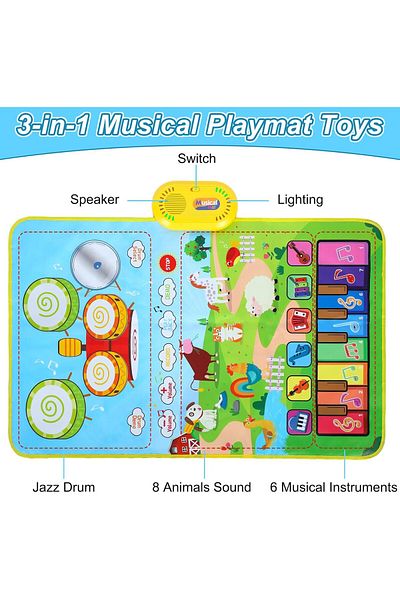 Yelajoy 3 in 1 Musical Mat,for Toddlers 1-3 with Drum 6 Musical Instrument and 8 Animals Sounds Mat Toy