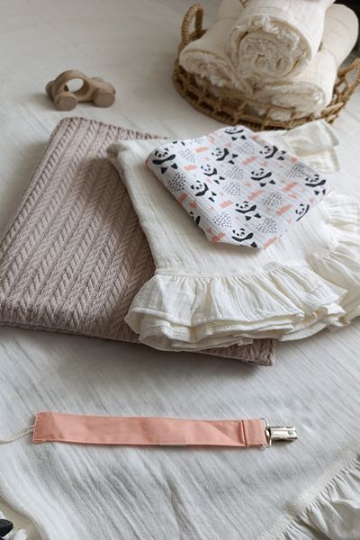 TİJA 100% Cotton 4-Piece Baby Set Beige Color Pique, Ruffle Blanket, Neck Scarf, Pacifier Strap